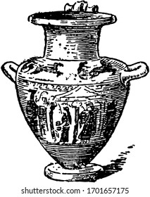 Hydria tiene tres asas, Se utilizaron dos asas horizontales a ambos lados del cuerpo de la olla para levantar y transportar la olla, el dibujo vintage o la ilustración de grabado.