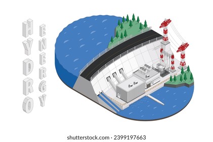 hydro energy, hydro power plant with isometric graphic