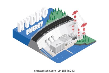 hydro energy, hydro power plant with isometric graphic