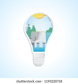 hydro energy, hydro power plant in light bulb graphic