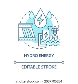 Hydro energy turquoise blue concept icon. Hydroelectric power station abstract idea thin line illustration. Isolated outline drawing. Editable stroke. Roboto-Medium, Myriad Pro-Bold fonts used