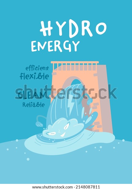 Hydro energy vertical poster with funny creative\
character. Portrait print. Ecological power, zero emissions.\
Ecology, global warming, clean future. Editable vector illustration\
in a cartoon style.