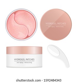 Hydro gel eye patches. Under eye skin care product. Pink glossy beauty pads in a white plastic container, top and side view. Transparent patch applicator. Vector isolated template for ad and branding.