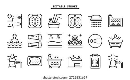 Hydro massage icons set. Editable stroke. Spa aqua. Health care and medical vector symbols isolated on white background.