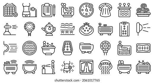 Hydro massage icons set outline vector. Aqua spa. Hydrotherapy park
