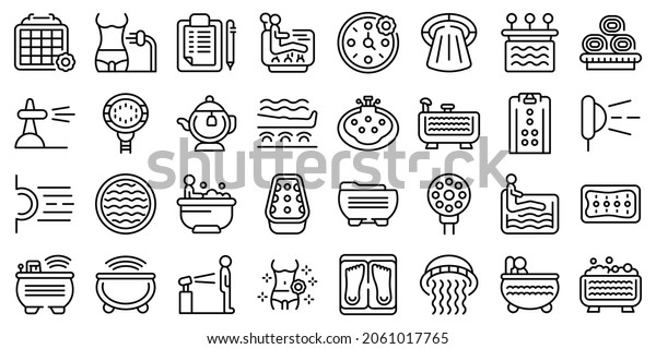 Hydro massage icons set outline vector. Aqua spa.\
Hydrotherapy park
