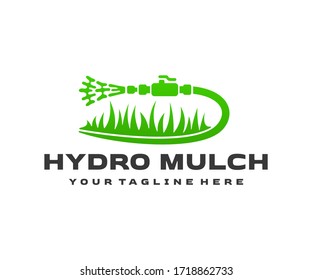 Hydro mulch, hydromulching work, hose and grass, logo design. Landscape design, lawn, landscaping and revegetation, vector design and illustration