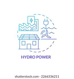 Hydro power blue gradient concept icon. Alternative sources. Sustainable house with renewable energy abstract idea thin line illustration. Isolated outline drawing. Myriad Pro-Bold font used