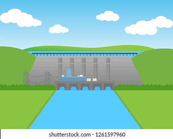 Hydro power Dam Concept, flat design vector.