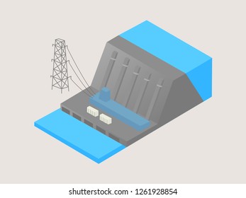 Hydro power Dam Concept, vector illustration isometry. hydroelectric power station, flat design vector.