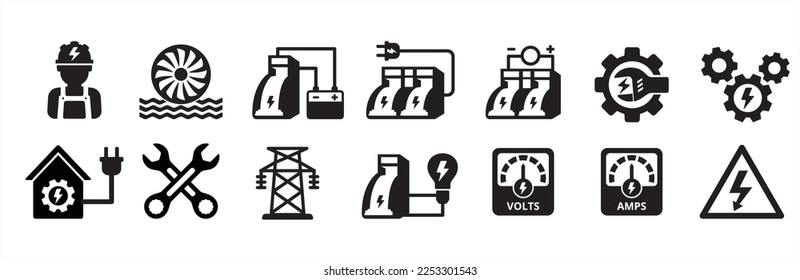 Hydro power electricity icon set. Power related icons. Green energy vector icons set. Renewable hydro power generator symbol. Clean energy source illustration. Water dam electric generator symbol set.