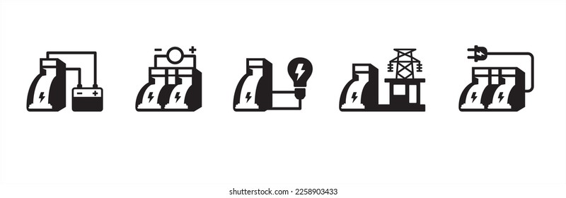 Icono de energía hidráulica. Iconos relacionados con la alimentación. Iconos vectoriales de energía verde. Símbolo del generador de energía hidráulica renovable. Ilustración de fuentes de energía limpia. Juego de símbolos del generador eléctrico de la represa de agua.