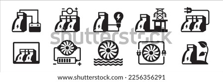 Hydro power electricity icon set. Power related icons. Green energy vector icons set. Renewable hydro power generator symbol. Clean energy source illustration. Water dam electric generator symbol set. Foto d'archivio © 