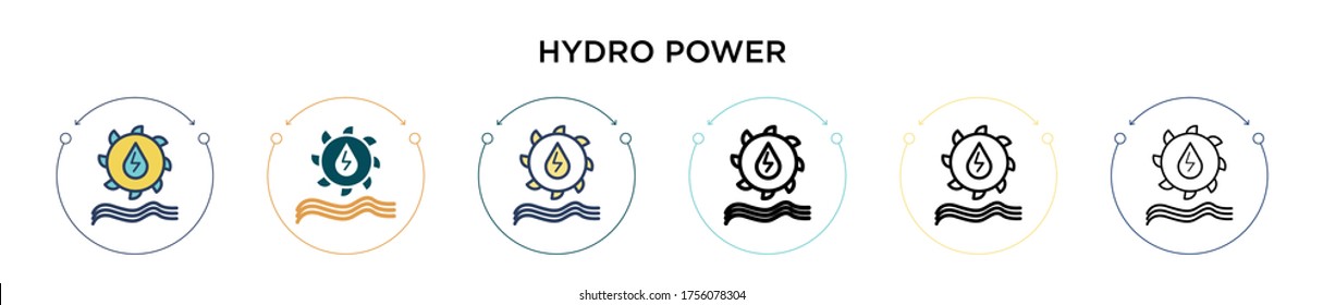Hydro power icon in filled, thin line, outline and stroke style. Vector illustration of two colored and black hydro power vector icons designs can be used for mobile, ui, web