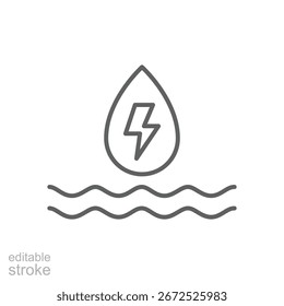 Wasserkraftsymbol. Einfaches Gliederungsformat. Wasserkraft, Wassertropfen mit Blitz, Naturenergie, Nachhaltigkeit, Technologiekonzept. Symbol für dünne Linie. Vektorisoliertes Design. Bearbeitbarer Strich