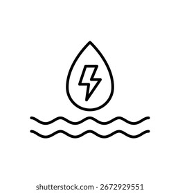 Hydro power icon. Simple outline style. Hydroelectric energy, water drop with lightning, nature energy, sustainability, technology concept. Thin line symbol. Vector isolated design