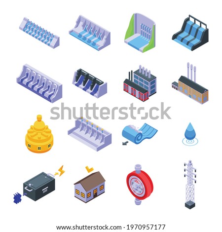 Hydro power icons set. Isometric set of hydro power vector icons for web design isolated on white background