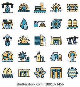 Hydro power icons set. Outline set of hydro power vector icons thin line color flat on white