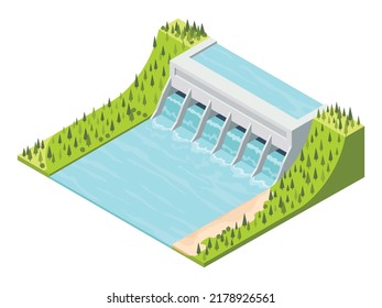 Hydro power isometric. Hydroelectric power plant. Alternative energy concept, factory electric. Water power station dam on the river. Vector illustration