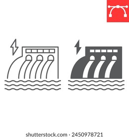 Línea de energía hidráulica e ícono de glifo, ecología e hidroelectricidad, ícono de Vector de estación hidroeléctrica, gráfica de Vector, símbolo de contorno de trazo editable, eps 10.