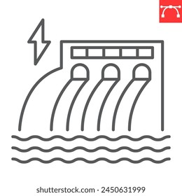 Icono de línea de energía hidráulica, ecología e hidroelectricidad, ícono de Vector de estación hidroeléctrica, gráfica de Vector, símbolo de contorno de trazo editable, eps 10.