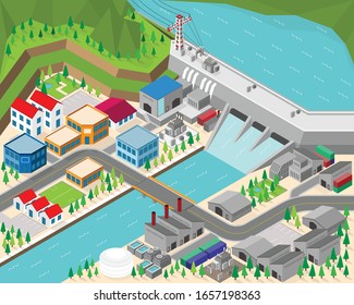 hydro power plant, dam with hydro turbine in isometric graphic