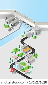hydro power plant, dam with hydro turbine in isometric graphic