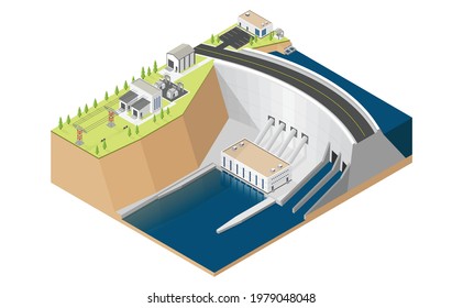 Hydro Power Plant, Dam With Hydro Turbine In Isometric Graphic