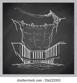 Hydro power plant as an example of relatively clean but environmentally damaging way of generating electricity. EPS10 vector illustration in a sketchy style imitating scribbling on the blackboard.