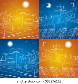 Hydro power plant, fabric, power station, energy illustrations, neon lines, day and night, vector lines design set