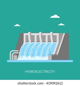 Hydro power plant and factory. Hydro energy industrial concept. Vector illustration in flat style. Hydroelectric station background. Renewable energy sources.