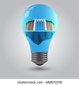 hydro power plant with mountains on background, flat style concept of hydro power  energy models blue light bulb on gray background, clean energy, natural energy, vector illustration, infographic