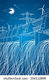 Hydro power plant, neon lines station, vector lines design