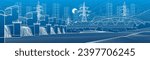Hydro power plant. River Dam. Renewable energy sources. High voltage transmission systems. Power lines. Train rides on bridge. City infrastructure industrial illustration. Vector design art