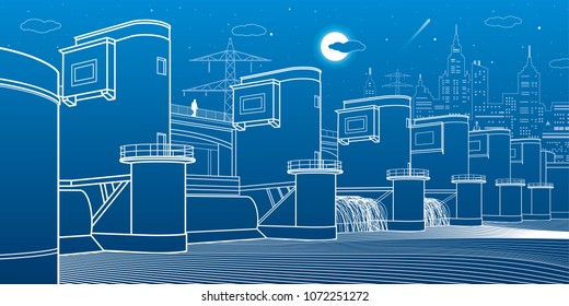 Hydro power plant. River Dam. Energy station. City infrastructure industrial illustration. White lines on blue background. Vector design art