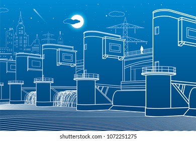 Hydro power plant. River Dam. Energy station. City infrastructure industrial illustration. White lines on blue background. Vector design art
