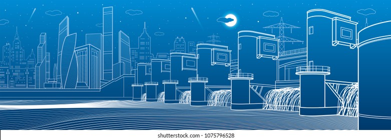 Planta hidroeléctrica. Presa del río. Estación de energía. Vista panorámica de la infraestructura industrial de la ciudad. Líneas blancas sobre fondo azul. Arte de diseño de vectores