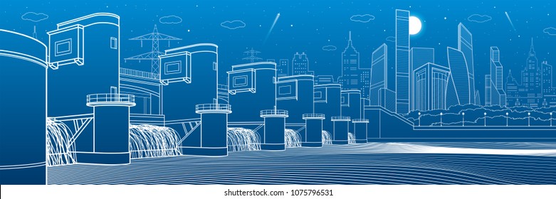 Hydro power plant. River Dam. Energy station. City infrastructure industrial illustration panorama. White lines on blue background. Vector design art