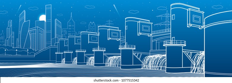 Hydro power plant. River Dam. Energy station. City infrastructure industrial illustration panorama. White lines on blue background. Vector design art