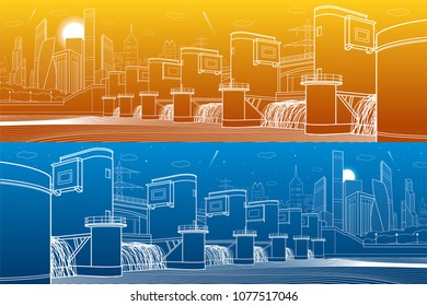 Hydro power plant. River Dam. Energy station. City infrastructure industrial illustration panorama. White lines on blue and orange background. Vector design art