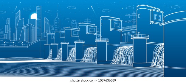 Hydro power plant. River Dam. Energy station. City infrastructure industrial illustration panorama. White lines on blue background. Vector design art