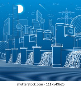 Hydro power plant. River Dam. Energy station. City infrastructure industrial illustration. White lines on blue background. Vector design art