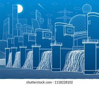 Hydro power plant. River Dam. Energy station. City infrastructure industrial illustration. Modern town. White lines on blue background. Vector design art