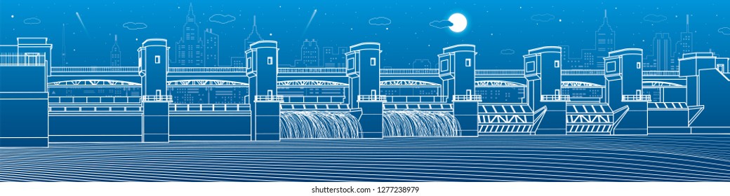 Hydro power plant. River Dam. Energy station. Water power. City infrastructure industrial illustration panorama. White lines on blue background. Vector design art