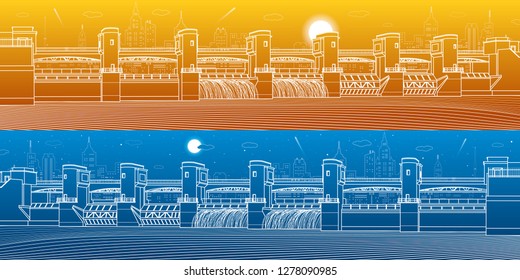 Hydro power plant. River Dam. Energy station. Water power. City infrastructure industrial illustration panoramic. White lines on blue and orange background. Vector design art