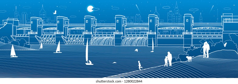 Hydro power plant. River Dam. Energy station. Water power.  People walk along the shore. City infrastructure industrial illustration panorama. White lines on blue background. Vector design art