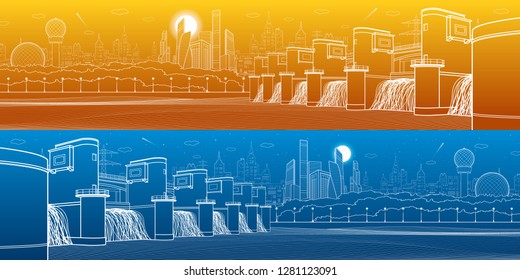 Hydro power plant. River Dam. Energy station. Water power. City infrastructure industrial illustration panoramic. White lines on blue and orange background. Vector design art