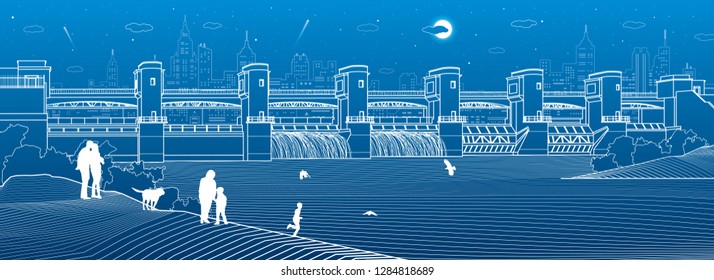 Hydro Power Plant. River Dam. Energy Station. Water Power.  People Walk Along Shore. City Infrastructure Industrial Illustration Panorama. Urban Life. White Lines On Blue Background. Vector Design Art