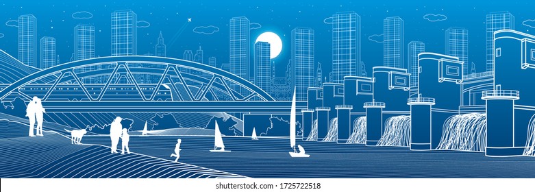 Hydro power plant. River Dam. Train rides on bridge. People stay at shore. City infrastructure industrial illustration panorama. Urban life. White lines on blue background. Vector design art