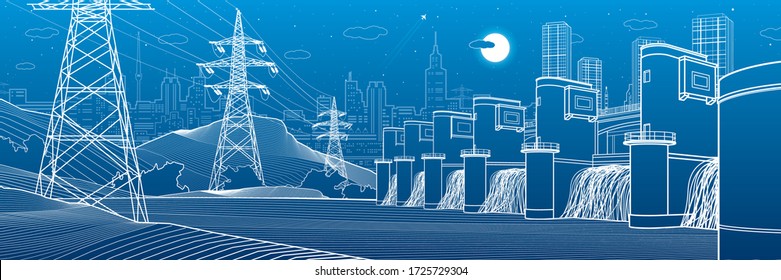 Hydro power plant. River Dam. Energy station. Power lines. People at shore. City infrastructure industrial panorama. Urban life. White outline on blue background. Vector design art